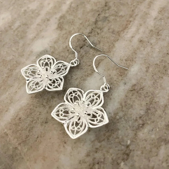 925 Sterling Silver Flower Drop Earrings Classy Flower Petal Drop Earrings - Picture 5 of 5
